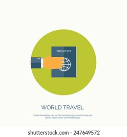 Vector illustration. Flat background with hand and passports. Travel. Summer holidays.