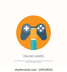 Vector illustration. Flat background with hand and joystick. Game online.