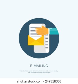 Vector illustration. Flat background with hand and letter. Emailing concept background. Spam and sms writing.Lettering.