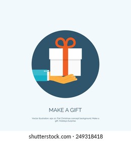 Vector illustration. Flat background with hand and gift box.