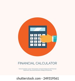 Vector illustration. Flat background with hand and calculator. Finance. Business.