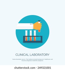 Vector illustration. Flat background with hand and medical flask. Medical research.