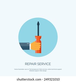 Vector illustration. Flat background with hand and tools. Repair service.