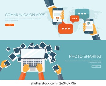 Vector illustration. Flat background with hand and photos. Travel. Selfie and images sharing.Global communication and chatting.