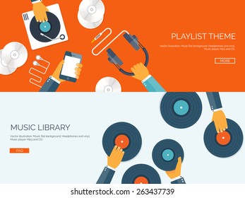 Vector illustration. Flat background with hand and vinyl. Music.