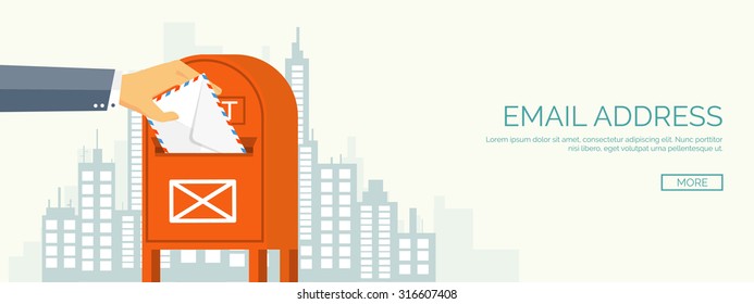 Vector illustration. Flat background. Hand with postbox. Envelope. International communication. Business correspondence and private messages. Express delivery. Postal services. Chatting.