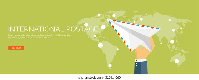 Vector illustration. Flat background. Hand with paper plane. Communication concept. Envelope, message.