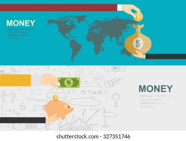 Vector illustration. Flat background with hand and money bag. Money making. Bank deposit. Financials.