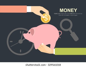 Vector illustration. Flat background with hand and money bag. Money making. Bank deposit. Financials.