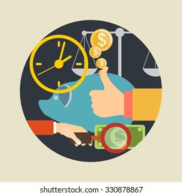 Vector illustration. Flat background with hand and money. Money making. Bank deposit. Financials.