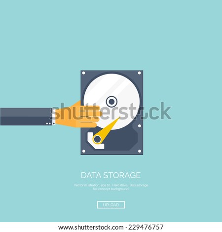 Vector illustration. Flat background with hand and hard drive. Information transfer. Web storage concept background. Cloud computing.
