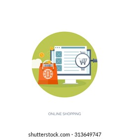 Vector illustration. Flat background. Internet shopping. Web store. Global communication and trading. Web business. E-commerce and money making. Internet banking. Online payments.