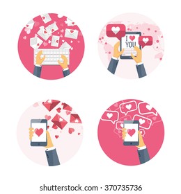 Vector illustration. Flat background with keyboard, hand, smartphone, tablet . Love, hearts. Valentines day. Be my valentine. 14 february. 