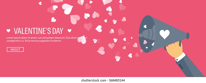 Vector illustration. Flat background with loudspeaker. Love, hearts. Valentines day. Be my valentine. 14 february.  Message.