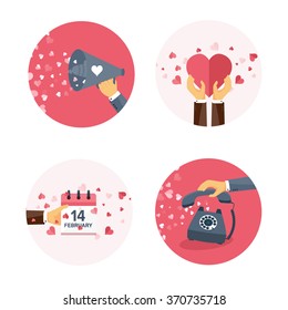 Vector illustration. Flat background with loudspeaker, calendar, telephone . Love, hearts. Valentines day. Be my valentine. 14 february. 