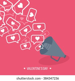 Vector illustration. Flat background with loudspeaker. Love, hearts. Valentines day. Be my valentine. 14 february.  Message.