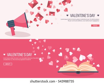 Vector illustration. Flat background with loudspeaker, hand and book. Love, hearts. Valentines day. Be my valentine. 14 february. Message.