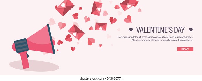 Vector illustration. Flat background with loudspeaker. Love, hearts. Valentines day. Be my valentine. 14 february. Message.