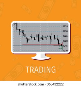 Vector illustration. Flat background. Market trade. Trading platform and account. Moneymaking,business. Market analysis. Investing.