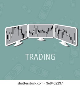 Vector illustration. Flat background. Market trade. Trading platform and account. Moneymaking,business. Market analysis. Investing.