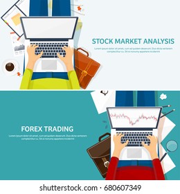 Vector illustration. Flat background. Market trade. Trading platform ,account. Moneymaking,business. Analysis. Investing.