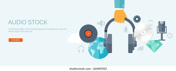 Vector illustration. Flat background. Music.production. Show business. Mp3 and compact disk. Voice recording. Singind and karaoke. Audio store.