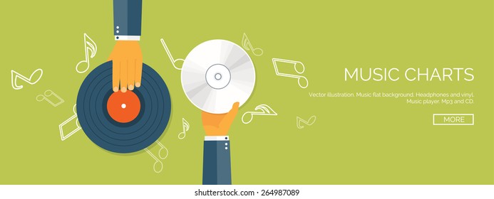 Vector illustration. Flat background. Music.production. Show business. Mp3 and compact disk. Voice recording. Singind and karaoke. Audio store.