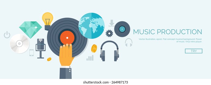 Vector illustration. Flat background. Music.production. Show business. Mp3 and compact disk. Voice recording. Singind and karaoke. Audio store.