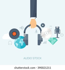 Vector Illustration. Flat Background. Music.production. Show Business. Mp3, Compact Disk. Voice Recording. Karaoke. Audio Store.