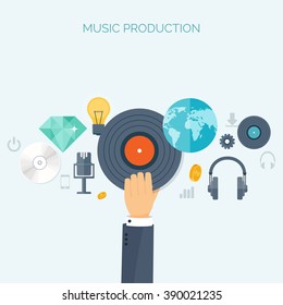 Vector illustration. Flat background. Music.production. Show business. Mp3, compact disk. Voice recording. Karaoke. Audio store.