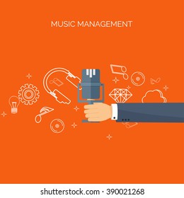 Vector illustration. Flat background. Music.production. Show business. Mp3, compact disk. Voice recording. Karaoke. Audio store.