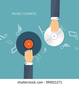 Vector illustration. Flat background. Music.production. Show business. Mp3, compact disk. Voice recording. Karaoke. Audio store.