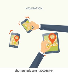 Vector illustration. Flat background. Navigation,traveling.  Map pointer,location finding. Web application.
