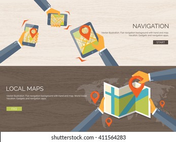 Vector illustration. Flat background. Navigation,traveling.  Map pointer,location finding. Web application.