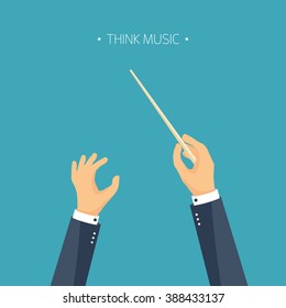 Vector illustration. Flat background. orchestra conductor. Music. Hands.