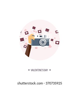 Vector illustration. Flat background with photos. Love, hearts. Valentines day. Be my valentine. 14 february. 