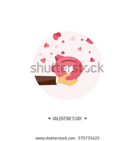 Vector illustration. Flat background with piggy bank. Love, hearts. Valentines day. Be my valentine. 14 february.  Message.