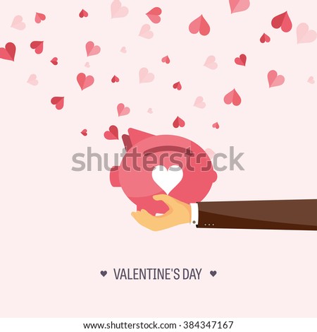 Vector illustration. Flat background with piggy bank. Love, hearts. Valentines day. Be my valentine. 14 february.  Message.