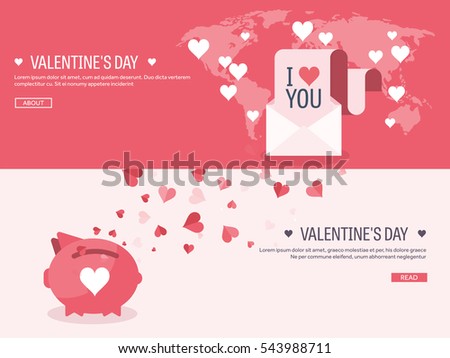 Vector illustration. Flat background with piggy bank. Love, hearts. Valentines day. Be my valentine. 14 february. Message.