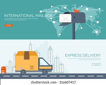 Vector Illustration. Flat Background. Postbox, Car With Package. Envelope. International Communication. Packaging, Transportation.. Express Delivery. Postal Services. Chatting.