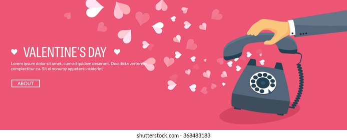Vector illustration. Flat background with retro telephone. Love, hearts. Valentines day. Be my valentine. 14 february.  Message.