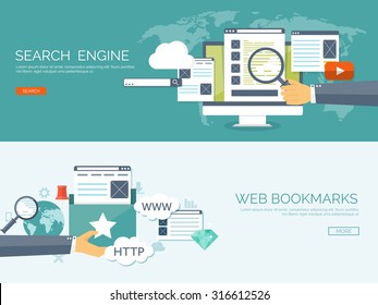 Vector illustration. Flat background. SEO. Search engine optimization. App development.Web pages and bookmarks.