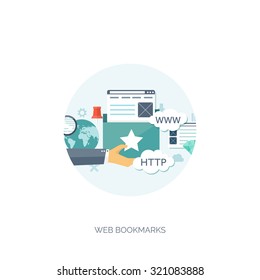 Vector illustration. Flat background. SEO. Search engine optimization. App development.Web pages and bookmarks.