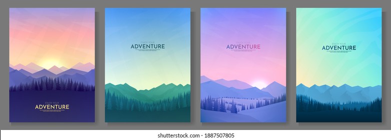 Vector illustration. Flat background set. Minimalist style. 4 landscapes collection. Mountain view, forest trees. Geometric polygonal design. Design for poster, book cover, banner, flyer, gift card