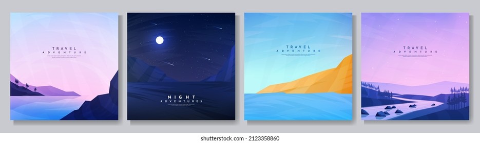 Vector illustration. Flat background set. Minimalist style. Geometric polygonal design landscape. Evening scene, night scene, coast, forest with mountain river. Design for web banner, social media