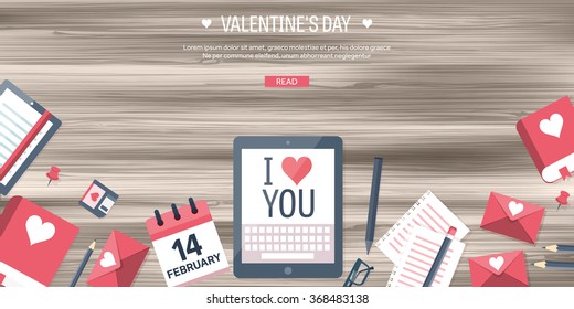 Vector illustration. Flat background with tablet. Love, hearts. Valentines day. Be my valentine. 14 february.