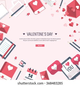 Vector illustration. Flat background with tablet. Love, hearts. Valentines day. Be my valentine. 14 february.