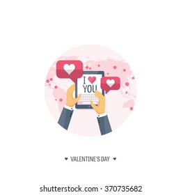 Vector illustration. Flat background with tablet. Love, hearts. Valentines day. Be my valentine. 14 february.