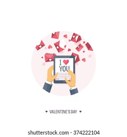 Vector illustration. Flat background with tablet. Love, hearts. Valentines day. Be my valentine. 14 february.
