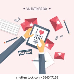 Vector illustration. Flat background with tablet. Love, hearts. Valentines day. Be my valentine. 14 february.